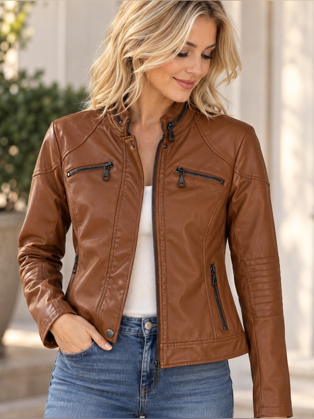 Maralyn & Me S Cognac Faux Leather Moto Jacket NWT